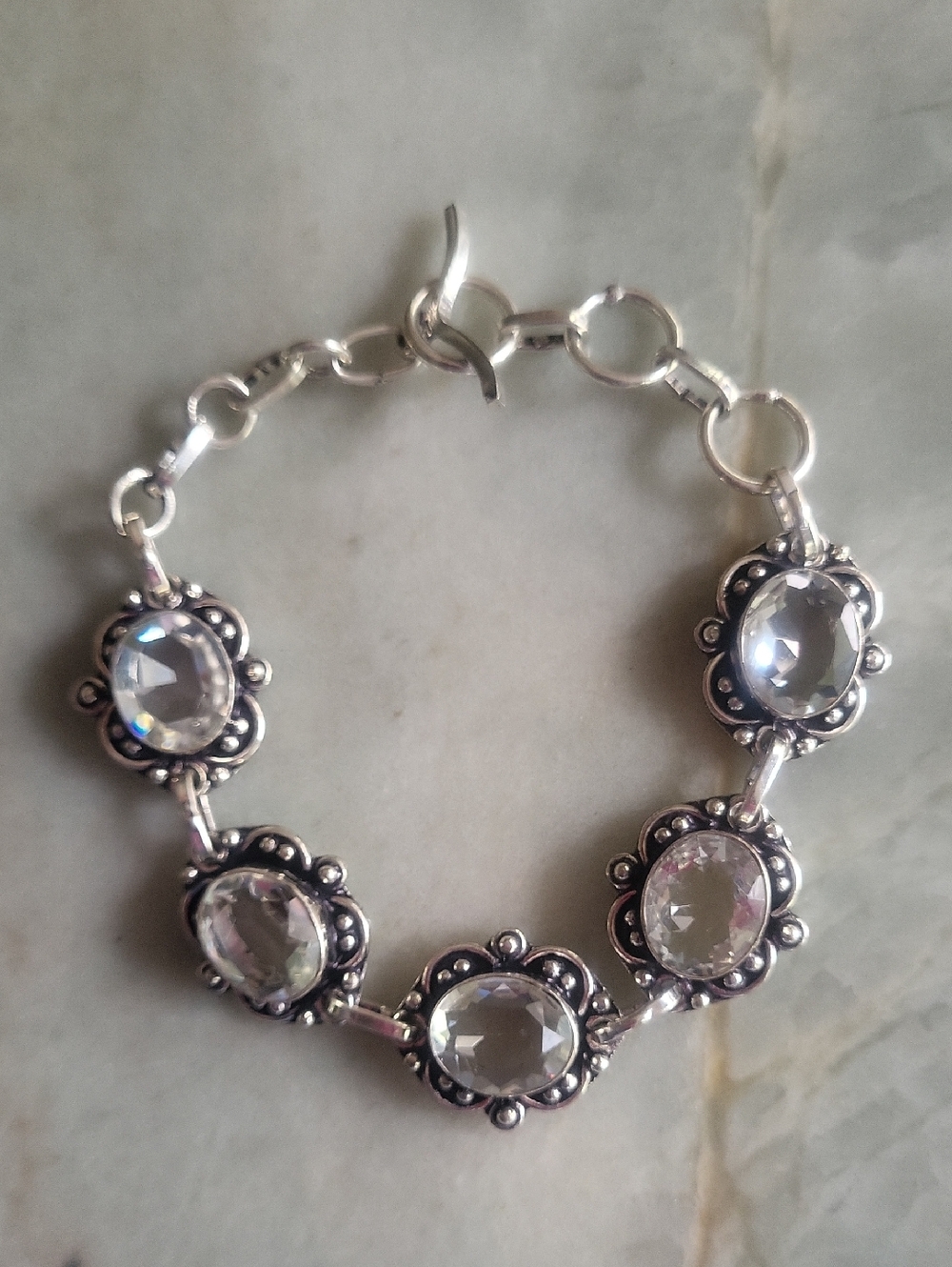 .925 Sterling Silver Clear Crystal Floral Link Bracelet